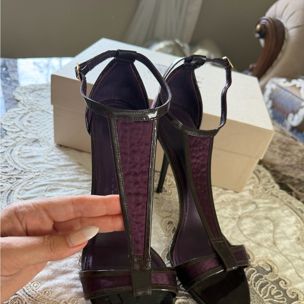 Burberry Purple and Black T-Strap High Heel Sandals